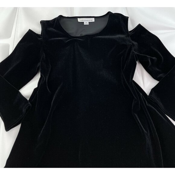 Caroline Rose Women Sz XS Black Stretch Velvet Cold Shoulder Flared Tunic Blouse - Picture 5 of 8
